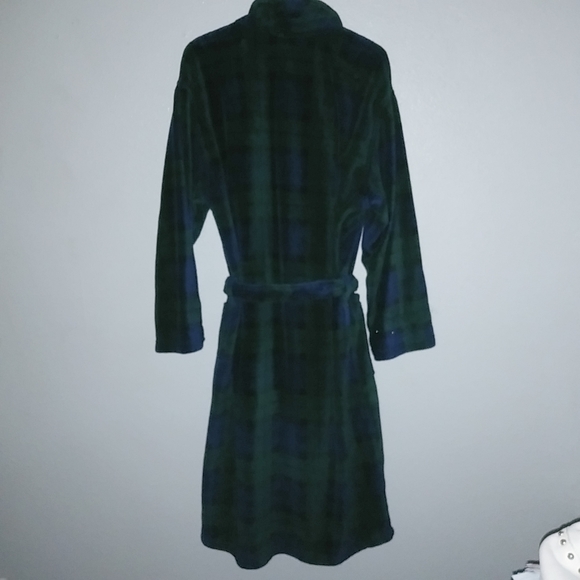 Polo Ralph Lauren S/M Mens Belted Blue Hunter Green Plaid Fleece Robe - Picture 4 of 8